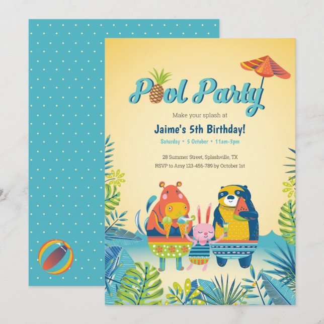 Invitation Animaux mignons Piscine Fête Anniversaire Invitati (Devant / Derrière)