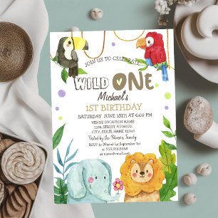 Invitation Animaux Oiseaux Lion éléphant Feuilles 1er anniver