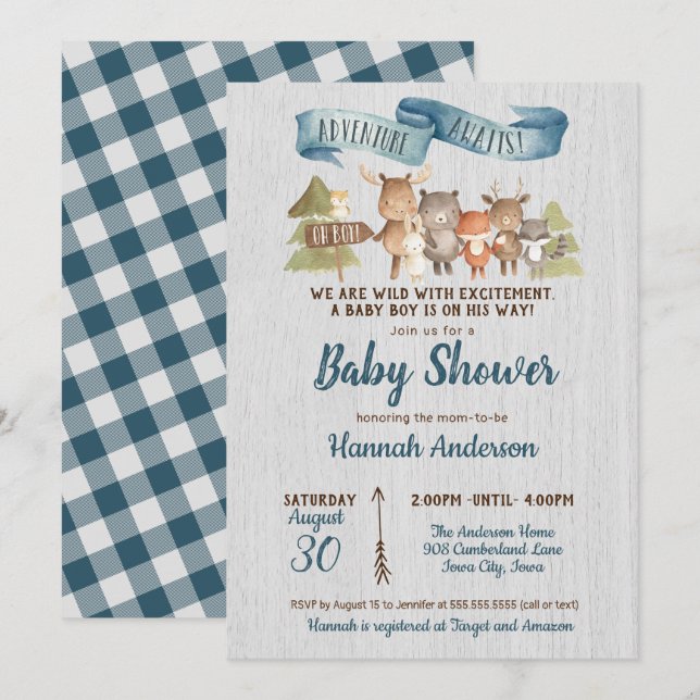 Invitation Animaux rustiques en bois Baby shower garçon (Devant / Derrière)