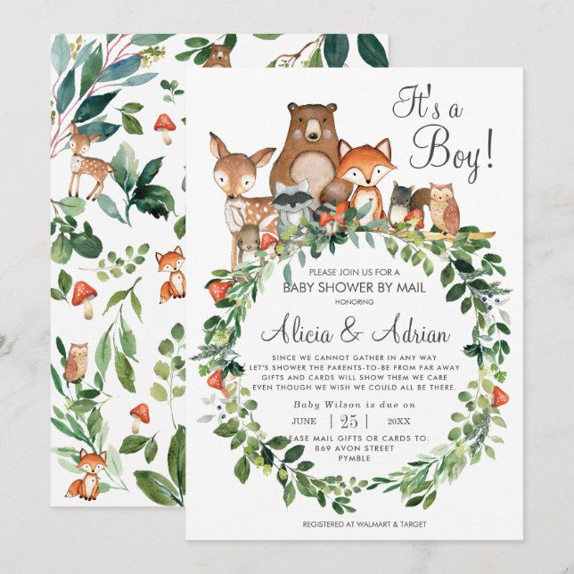 Invitation Animaux rustiques en bois Baby shower par Mail Boy (Devant / Derrière)