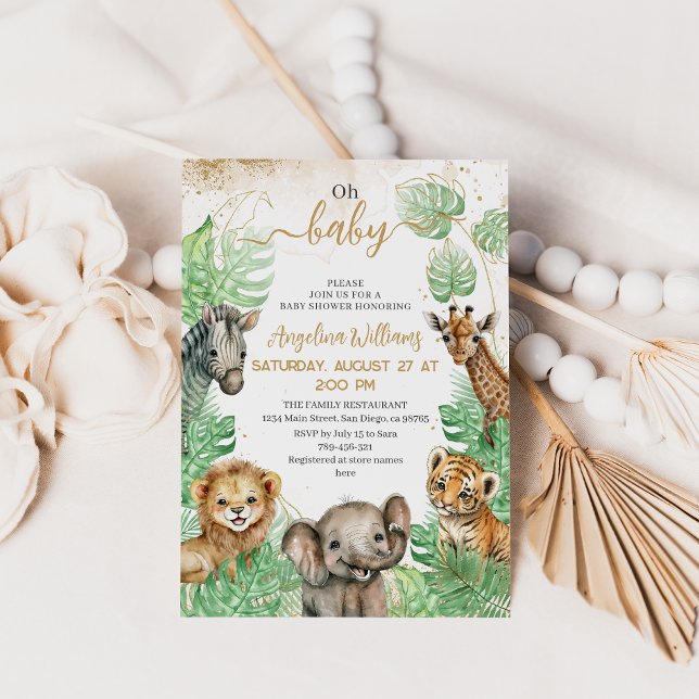 Invitation Animaux Safari Baby shower de verdure tropicale (Créateur téléchargé)