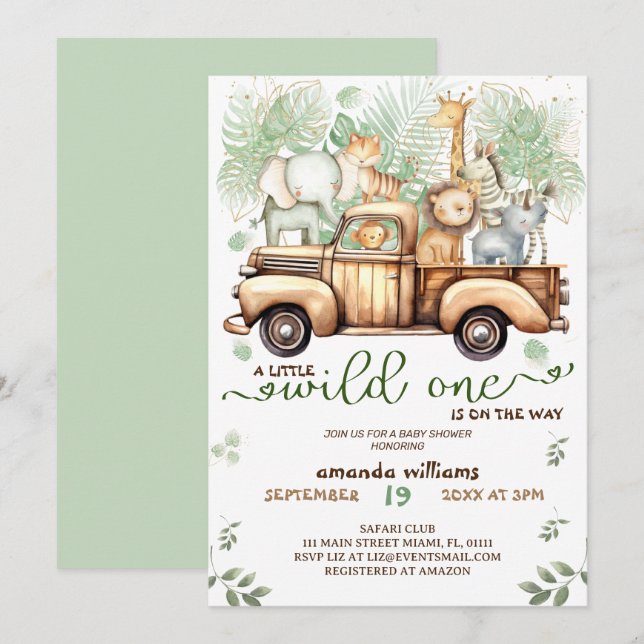 Invitation Animaux Safari dans le baby shower automobile (Devant / Derrière)