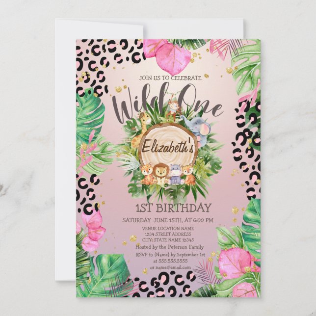 Invitation Animaux sauvages Bois Fleurs tropicales Anniversai (Devant)