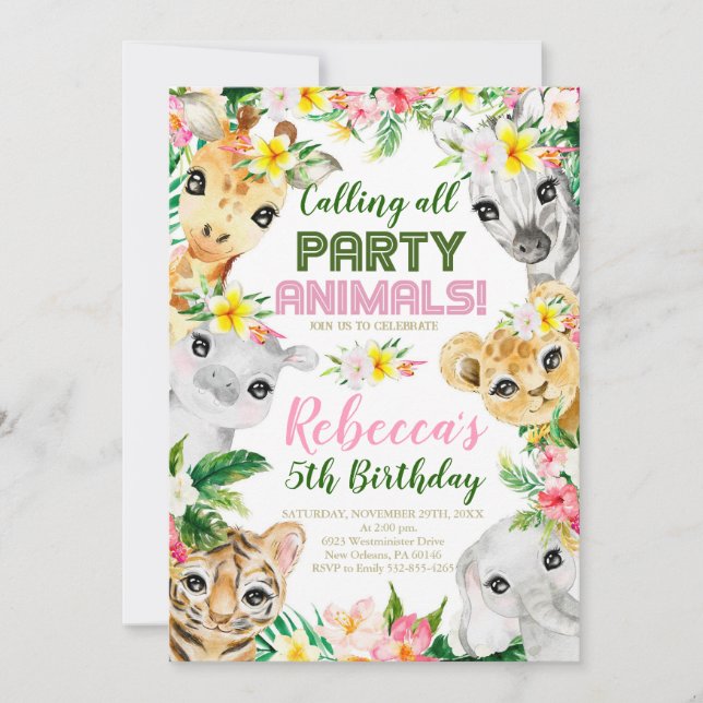 Invitation Animaux sauvages et à cinq fêtes Anniversaire (Devant)
