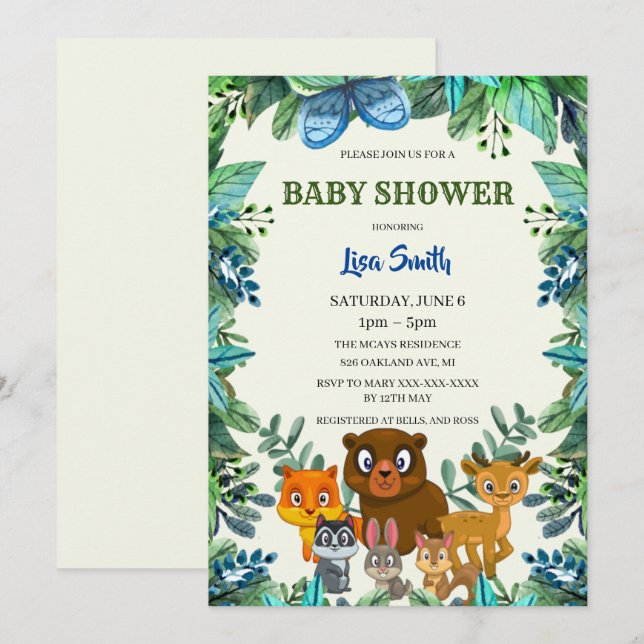 Invitation Animaux sauvages Forêt forestière Baby shower de v (Devant / Derrière)