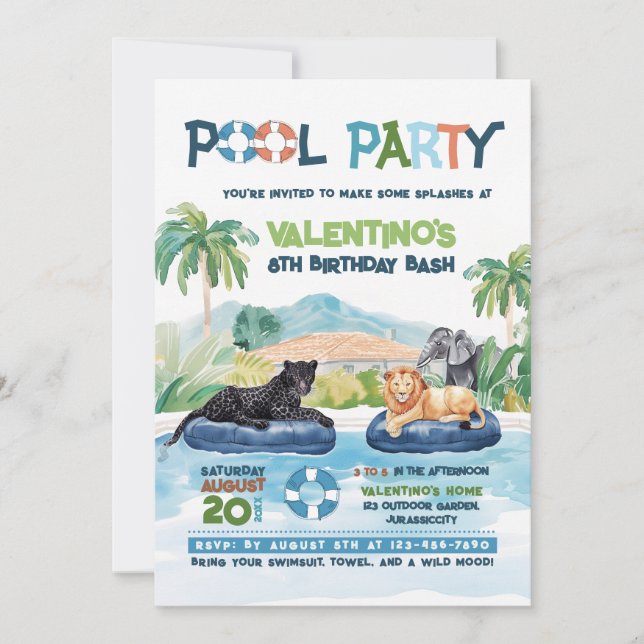 Invitation Animaux sauvages Pool Party Anniversaire Invitatio (Devant)