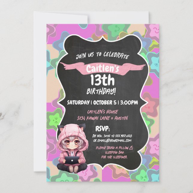 Invitation Anime Girl Anniversaire Kawai Stars Japonais Manga (Devant)