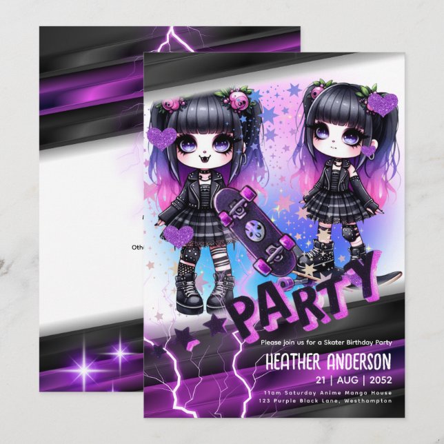 Invitation Anime Skater Girl Anniversaire Fête Skateboard (Devant / Derrière)