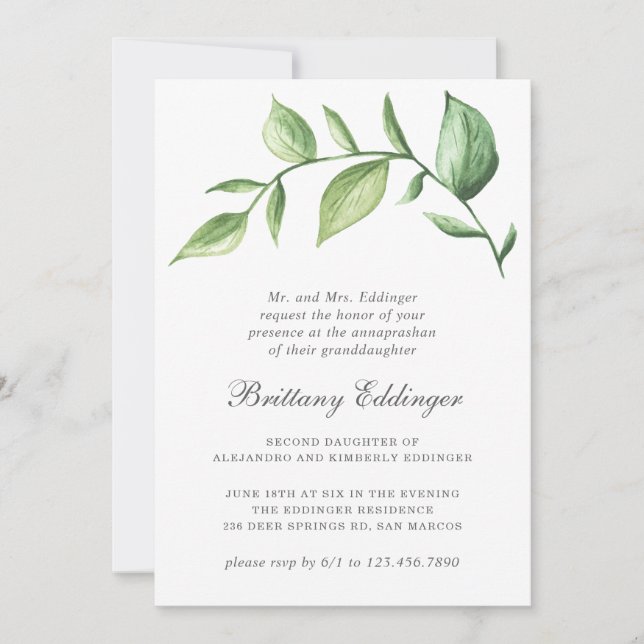 Invitation Annaprashan rustique vert Sprig genre neutre (Devant)
