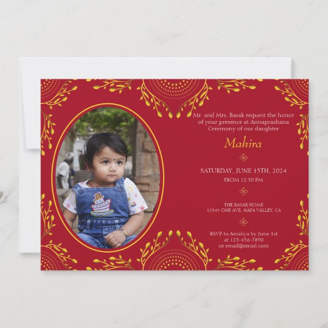 Invitation Annaprashana Première Cérémonie du Riz Rouge Gold  (Devant)