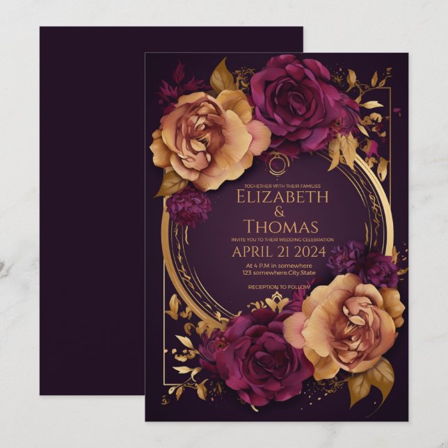 Invitation Anneau doré avec Rose foncé violet et sucre Brown (Devant / Derrière)