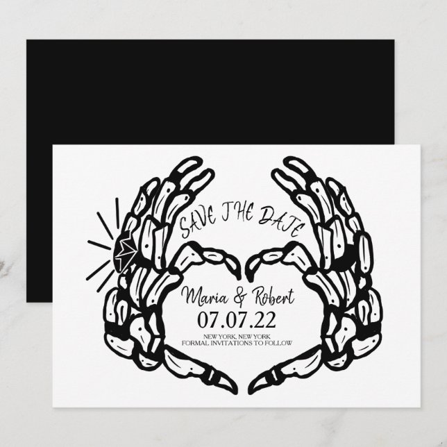 Invitation Anneaux de mariage de cœur de main de squelette no (Devant / Derrière)