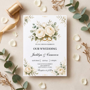 Invitation Anneaux de mariage élégants blancs floraux et or