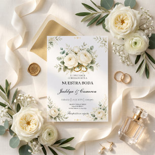 Invitation Anneaux de mariage élégants blancs floraux et or