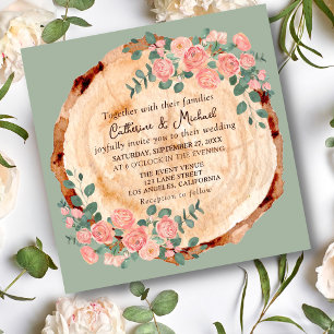 Invitation Anneaux d'écorce en bois rustique Aquarelle rose R