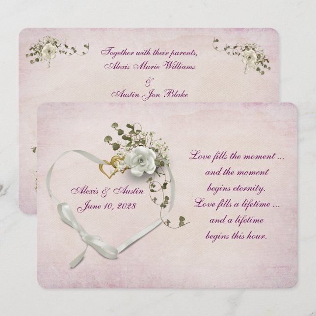 Invitation Anneaux et ruban de mariage cardiaque (Devant / Derrière)
