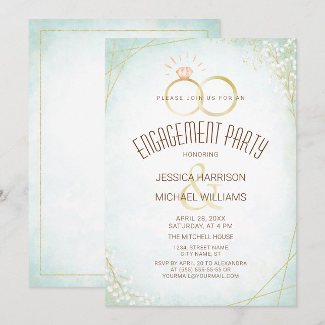 Invitation Anneaux Fiançailles aquarelle Turquoise géométriqu (Devant / Derrière)
