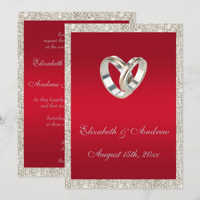 Invitation Anneaux Mariages élégants, Rouby Red & Mariage Par (Devant / Derrière)
