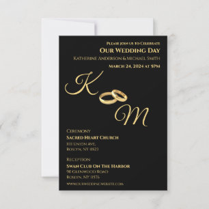 Invitation Anneaux Mariages Noirs et Or-Monogrammes -