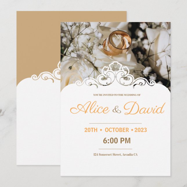 Invitation Anneaux Or Modernes Avec Dentelle Mariage Élégant (Devant / Derrière)
