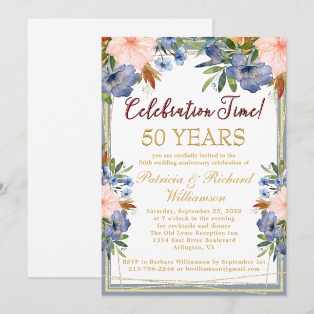 Invitation Année Chic Floral Gold Mariage Anniversaire (Devant / Derrière)