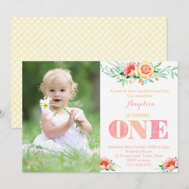 Invitation Année d'amour rire amusant, Fille 1er anniversaire (Devant / Derrière)