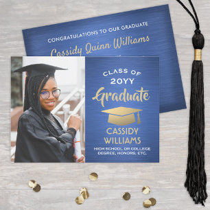 Invitation Année de classe Brossée Bleu et Or Graduation Phot