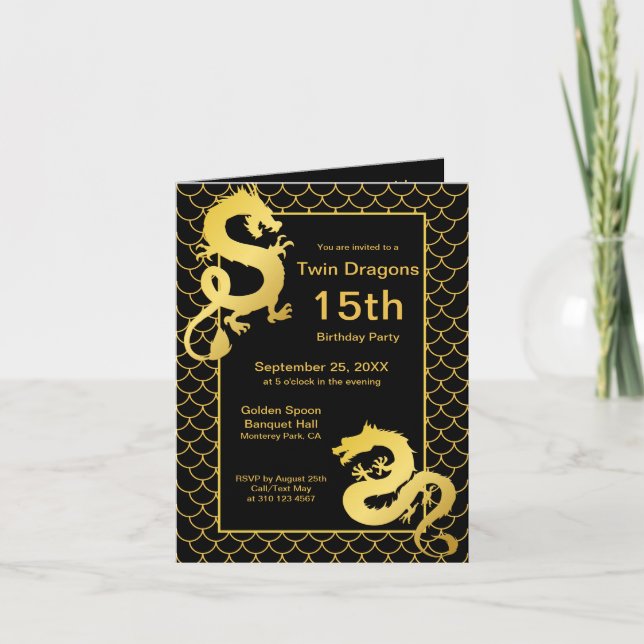 Invitation Année du Dragon Black Gold Twin 15e anniversaire (Devant)