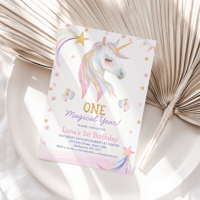 Invitation Année magique rose or Unicorn 1er anniversaire (Pastel One Magical Year Unicorn 1st Birthday Invitation Template For baby Girl, Faux Gold Glitter)