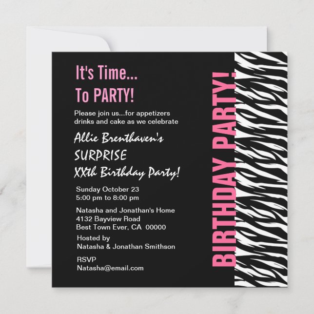 Invitation Année personnalisée Anniversaire Zèbre rose et noi (Devant)