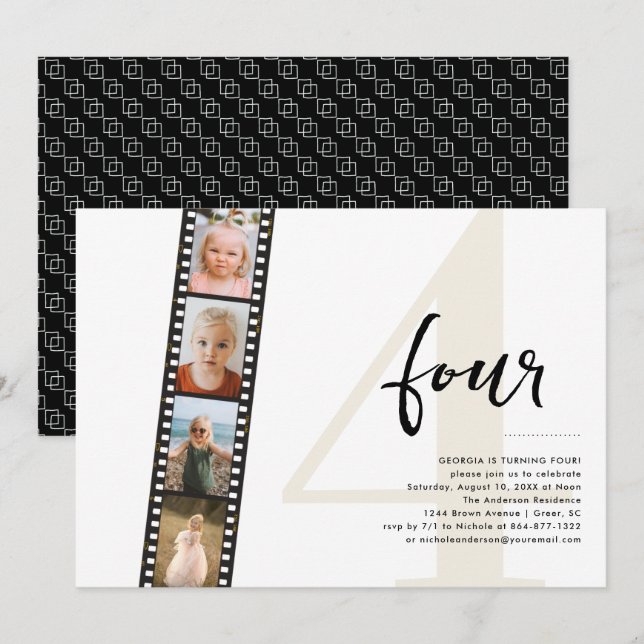 Invitation Année | Simple 4 Filmstrip photo fête d'anniversai (Devant / Derrière)