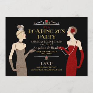 Invitation Années 20 Flapper Or Pailleté Rouge Noir Rétro