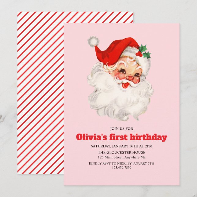 Invitation Annianniversaire de Retro Pink Père Noël (Devant / Derrière)