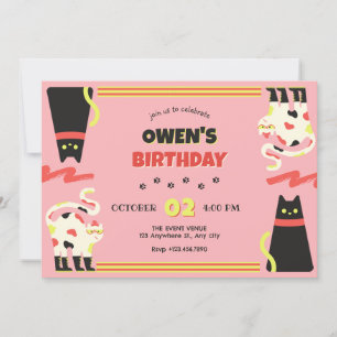 Invitation Annianniversaire du chat retro rose noir