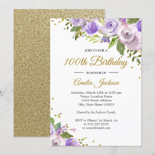 Invitation Anniversaire 100 Ans Fleur Purple Gold