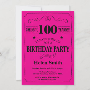 Invitation Anniversaire 100 ans Noir et Rose Chaud