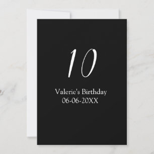 Invitation anniversaire 10 ans blanc noir nom date calligraph