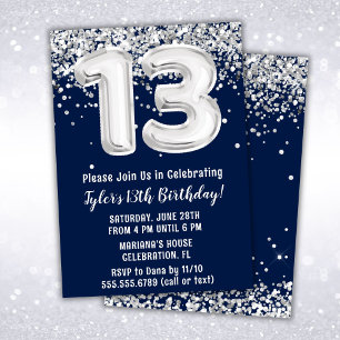Invitation Anniversaire 13 ans Bleu marine et Argent