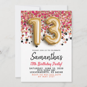 Invitation anniversaire 13 ans confettis dorés
