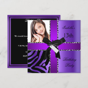 Invitation Anniversaire 13 ans Zèbre Vache Violet Noir Blanc