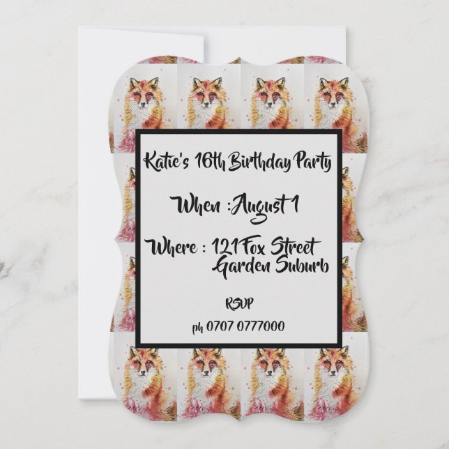 Invitation anniversaire 16 ans aquarelle renard ro (Devant)