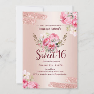 Invitation Anniversaire 16 ans Elégant Rose Gold Floral 