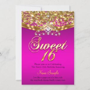 Invitation Anniversaire 16 Ans Fille Rose Chaud Paillettes Or