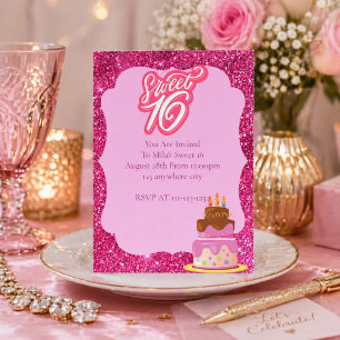 Invitation anniversaire 16 ans paillettes roses