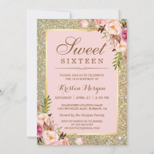 Invitation Anniversaire 16 ans   Parties scintillant florales