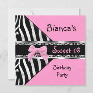 Invitation Anniversaire 16 ans Rose Argent Noir Zèbre Léopard