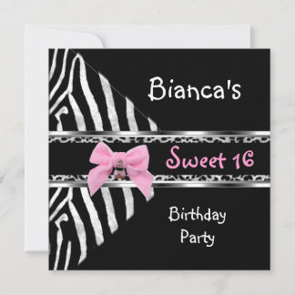 Invitation Anniversaire 16 ans Rose Argent Noir Zèbre Léopard