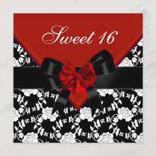 Invitation Anniversaire 16 ans Ruban Floral Rouge Noir Blanc