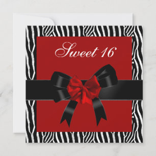 Invitation Anniversaire 16 ans Zèbre Rouge Noir Blanc Nœud