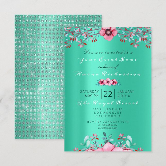Invitation Anniversaire 16e Rose de la Monnaie rose florale n (Devant / Derrière)